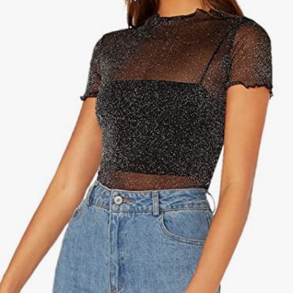 Size Small Women's Sheer Black Mesh Lettuce Trim Glitter Short Sleeve Top - Picture 9 of 16
